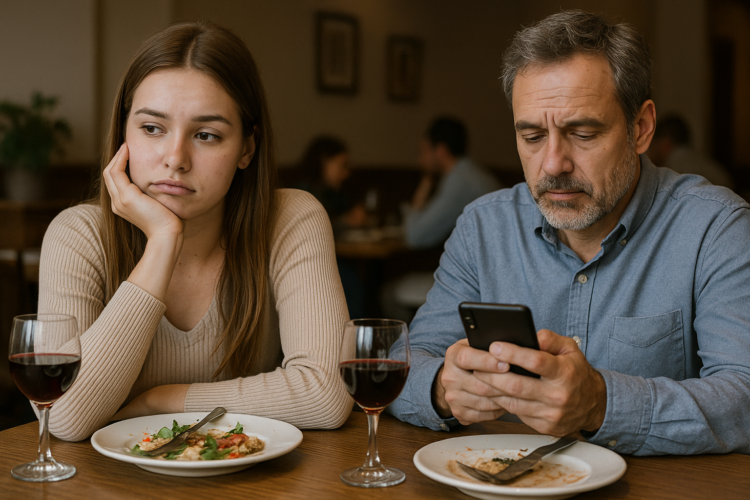 Un giovane uomo e una giovane donna si annoiano durante il loro appuntamento e guardano i loro telefoni