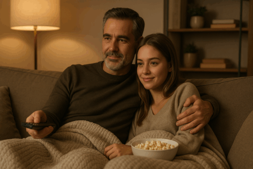 Uomo e donna sugar baby sul divano a guardare film