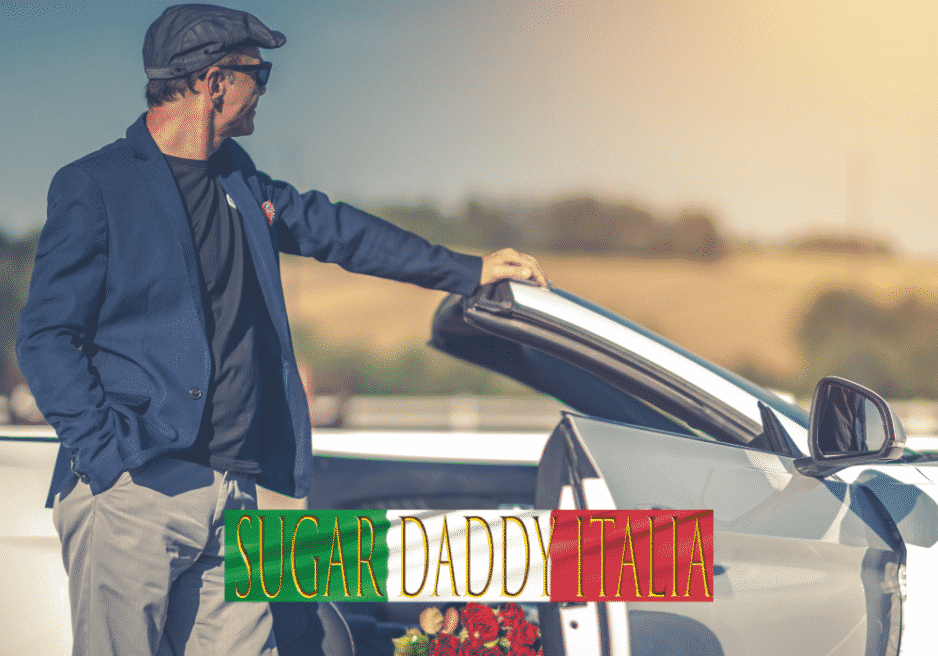 L'uomo di Sugar Daddy guarda lontano appoggiato alla sua auto di fascia alta in attesa della sua bellissima Sugarbabe