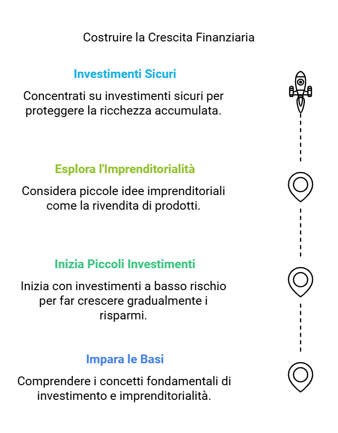 Grafico gerarchico con testo in italiano che evidenzia concetti chiave come 'Investimenti Sicuri', 'Esplora l'Imprenditorialità', 'Inizia Piccoli Investimenti' e 'Impara le Basi', rappresentando un approccio progressivo per apprendere e gestire gli investimenti finanziari