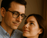 Un uomo intelligente con gli occhiali e una donna che sembra innamorata
