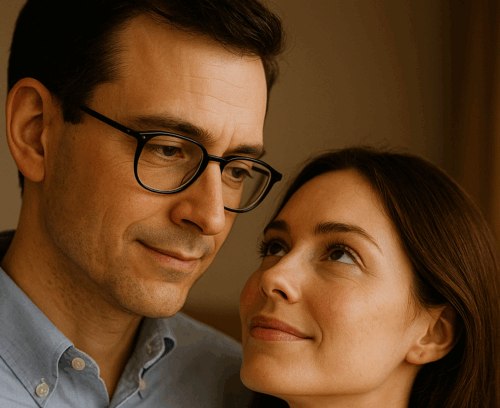 Un uomo intelligente con gli occhiali e una donna che sembra innamorata