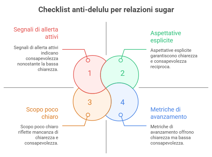 Checklist anti-delulu per relazioni sugar
Segnali di allerta attivi
Aspettative esplicite
Segnali di allerta attivi indicano consapevolezza nonostante la bassa chiarezza.
Aspettative esplicite garantiscono chiarezza e consapevolezza reciproca.
1
2
3
4
Scopo poco chiaro
Metriche di avanzamento
Scopo poco chiaro riflette mancanza di chiarezza e consapevolezza.
Metriche di avanzamento offrono chiarezza ma bassa consapevolezza.