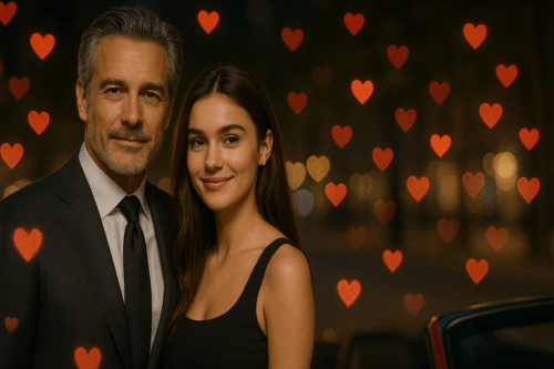 Uomo e donna circondati da cuori