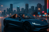 Uomo e bella donna in un'auto sportiva decappottabile