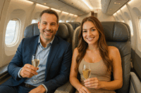 Sgardaddy e Sugar Baby sorridono e bevono champagne su un aereo di prima classe