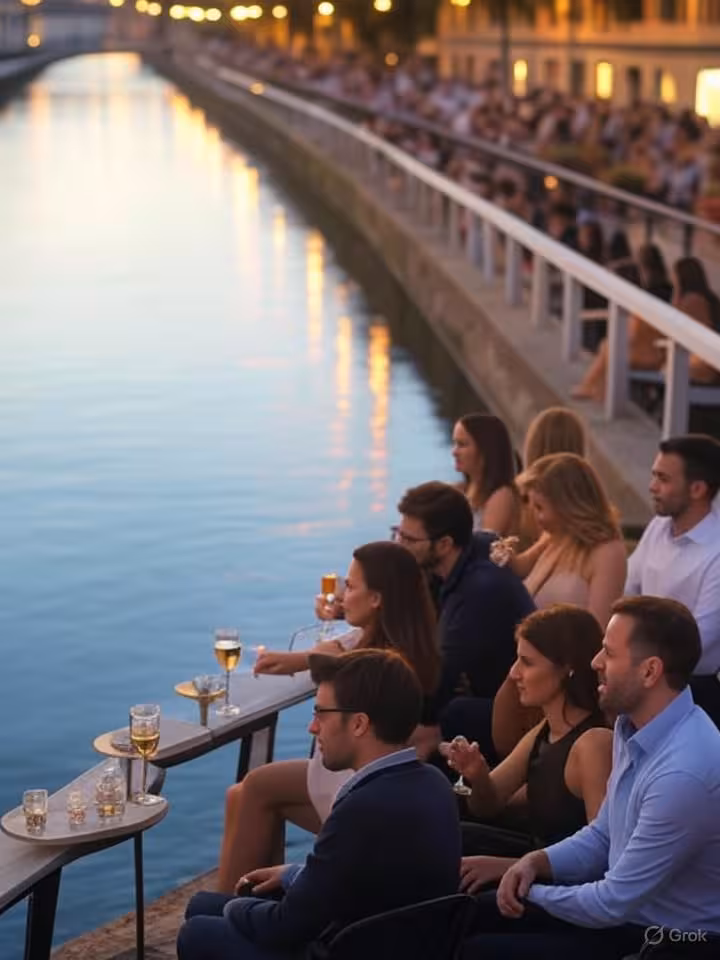 Aperitivo serale sui Navigli di Milano con riflessi del tramonto sull'acqua