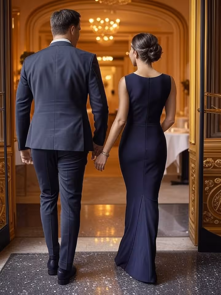 Coppia elegante che arriva a un ristorante di lusso vestita con stile raffinato italiano