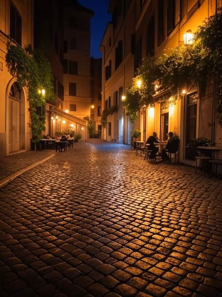 Vicolo caratteristico di Trastevere illuminato di sera, quartiere romantico romano