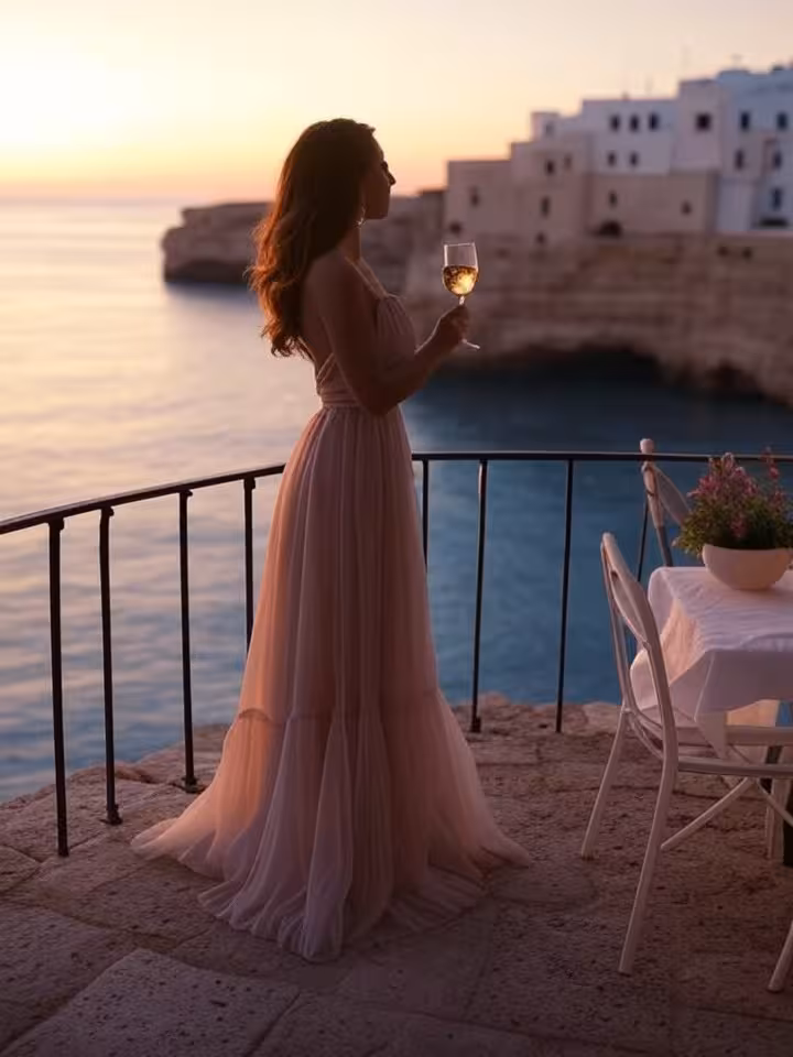 Tramonto romantico sulla costa di Polignano a Mare con scogliere e mare Adriatico