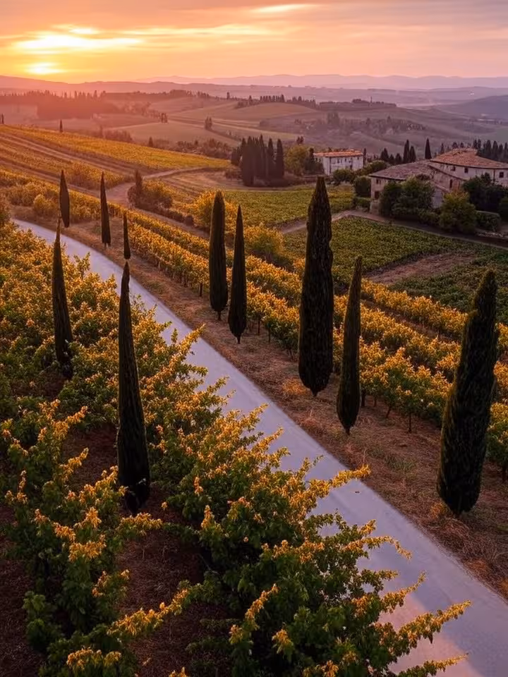 Paesaggio delle colline del Chianti con vigneti al tramonto
